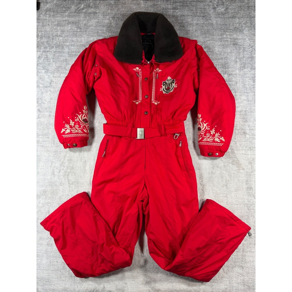 Vintage Bogner Ski Suit Women 12 Red Embroidered Belted One Piece Made in USA